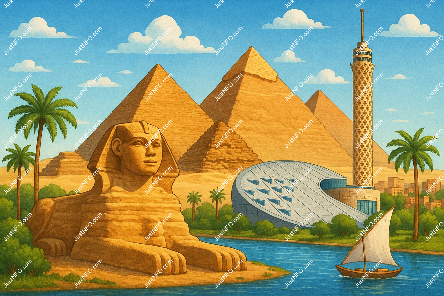 A colorful conceptual illustration uniting the Pyramids, the Sphinx, Cairo Tower, and the Library of Alexandria by the Nile, portraying the essence of Egyptian civilization.