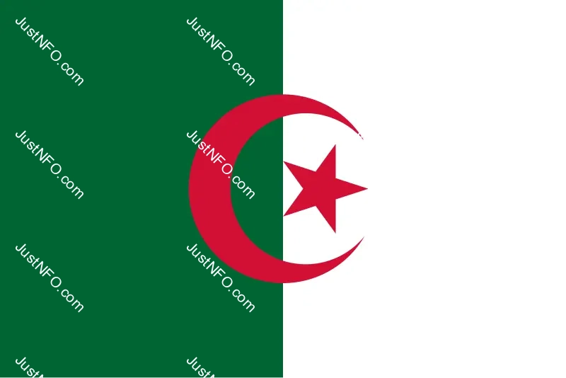 The Algerian flag, green and white with a red crescent and star, symbolizes Islam, peace, and sacrifice.
