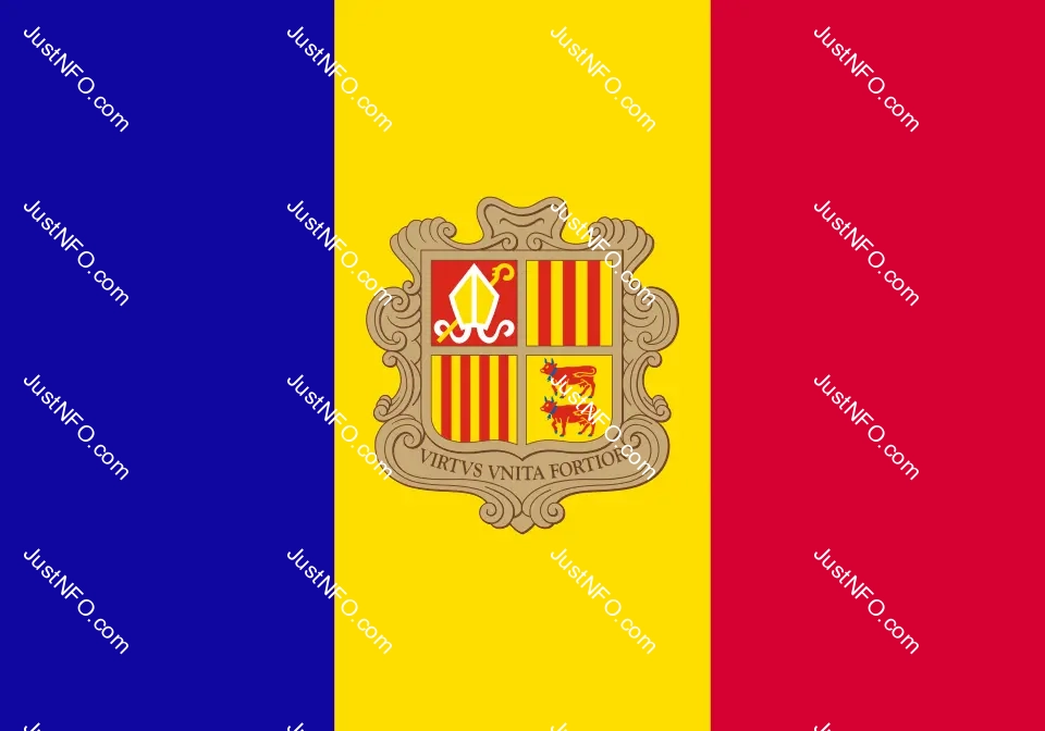 The flag of Andorra features three vertical bands of blue, yellow, and red with the national coat of arms in the center.