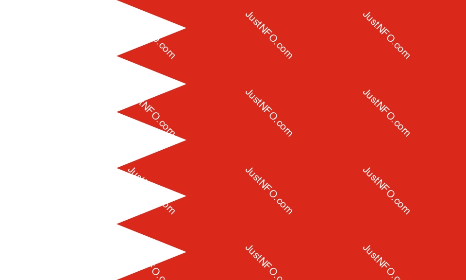 The official flag of Bahrain with a red and white design separated by a serrated line of five triangles, symbolizing peace, courage, and unity