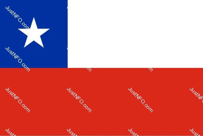 The official flag of Chile consisting of two horizontal bands of white and red with a blue square in the top left corner containing a white star symbolizing honor, progress, and unity