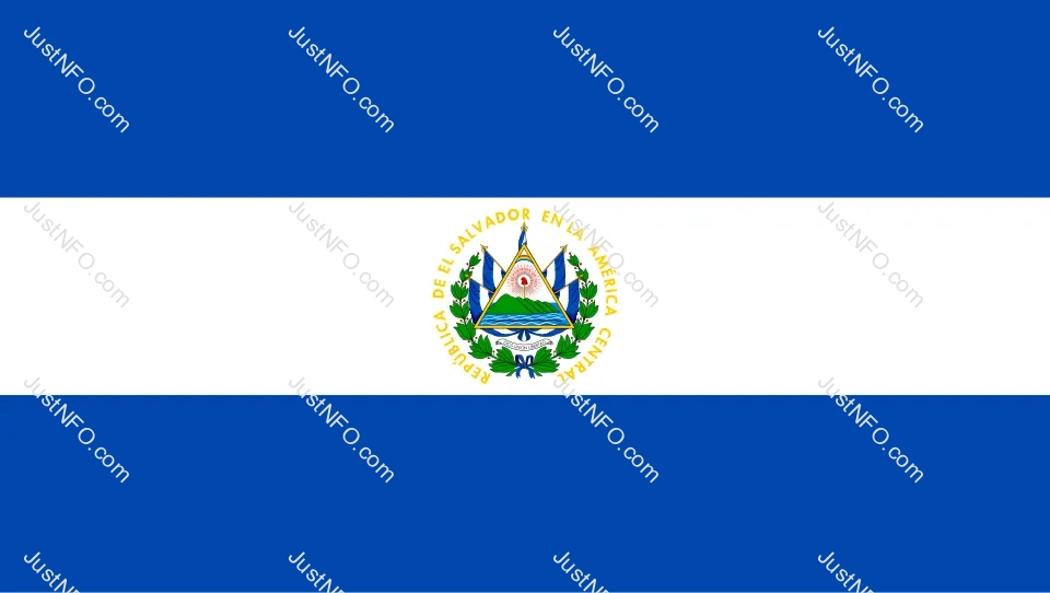 The official flag of El Salvador consisting of two blue stripes separated by a white band bearing the national coat of arms, symbolizing freedom, unity, and peace in Central America