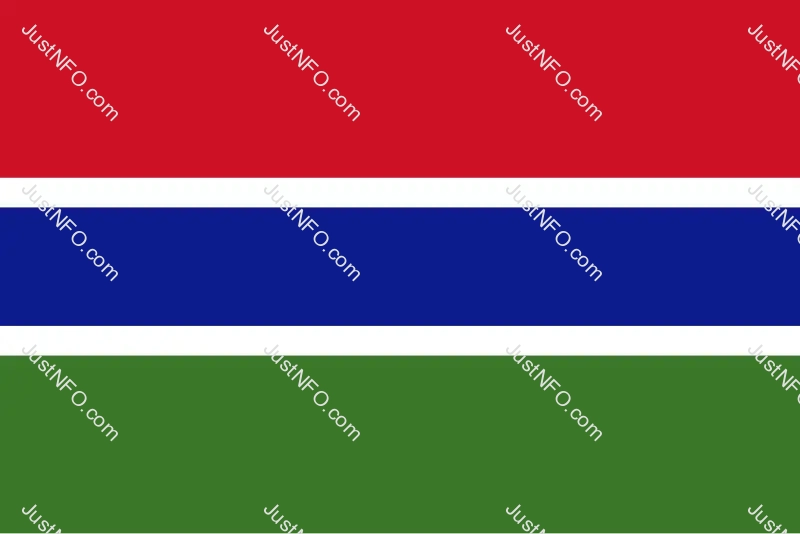 The official flag of Gambia with red, blue, and green horizontal stripes separated by white lines, symbolizing the sun and nation, the river crossing the country, agriculture, and peace