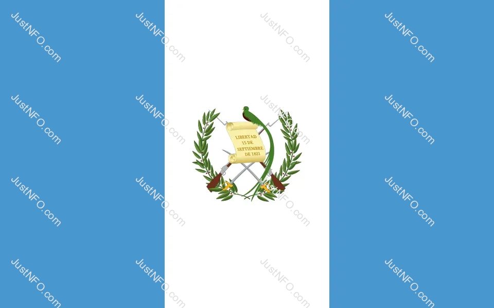 The official flag of Guatemala with two blue stripes symbolizing the Pacific and Atlantic Oceans, a white stripe for peace and purity, and the national emblem featuring the quetzal bird representing freedom
