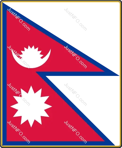 Nepal National Flag โ Symbol of Culture and Heritage The official flag of Nepal, consisting of two stacked red triangles outlined in blue, featuring a moon symbol on the upper triangle and a sun symbol on the lower, reflecting Nepalโs unique cultural and historical identity