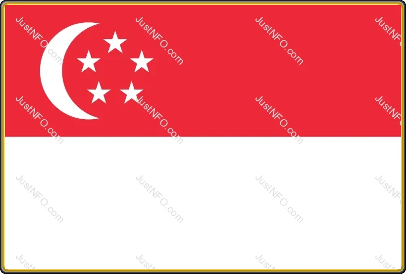 Singapore National Flag – Crescent Moon & Five Stars The official flag of Singapore featuring two horizontal bands—red above white—with a white crescent moon and five stars arranged in a circle on the upper left side. The design symbolizes progress, unity, and national prosperity.