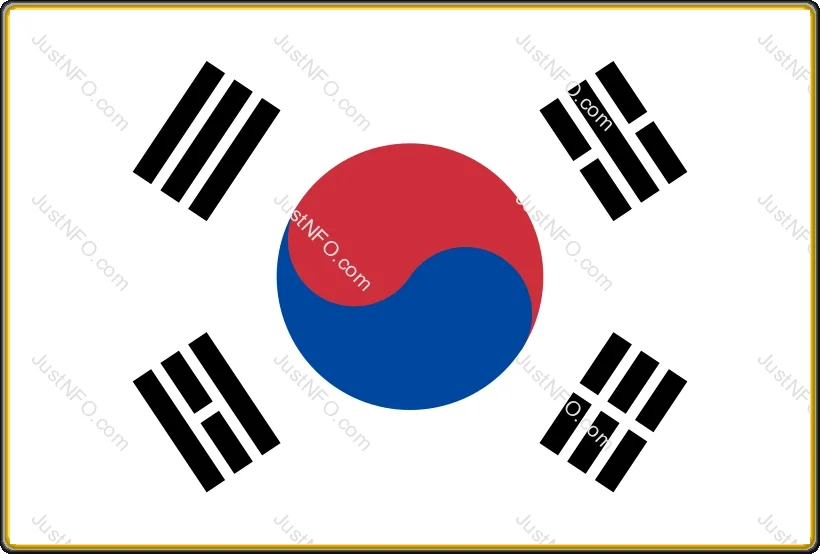 South Korea National Flag – Taegeuk & Four Trigrams The official flag of South Korea, called the “Taegeukgi,” featuring a white background symbolizing purity and peace, a red and blue Taegeuk circle representing cosmic balance, and four black trigrams symbolizing heaven, earth, water, and fire.