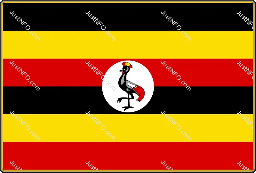 The official flag of Uganda featuring six horizontal stripes of black, yellow, and red, with a grey crowned crane centered inside a white circle. The flag symbolizes African unity, sunshine, and national progress.